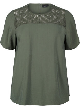 Zizzifashion Short-sleeved viscose blouse with lace detail, Thyme, Packshot image number 0