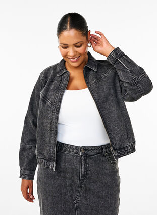 Zizzifashion Denim jacket with hidden zip, Dark Grey Denim, Model image number 0