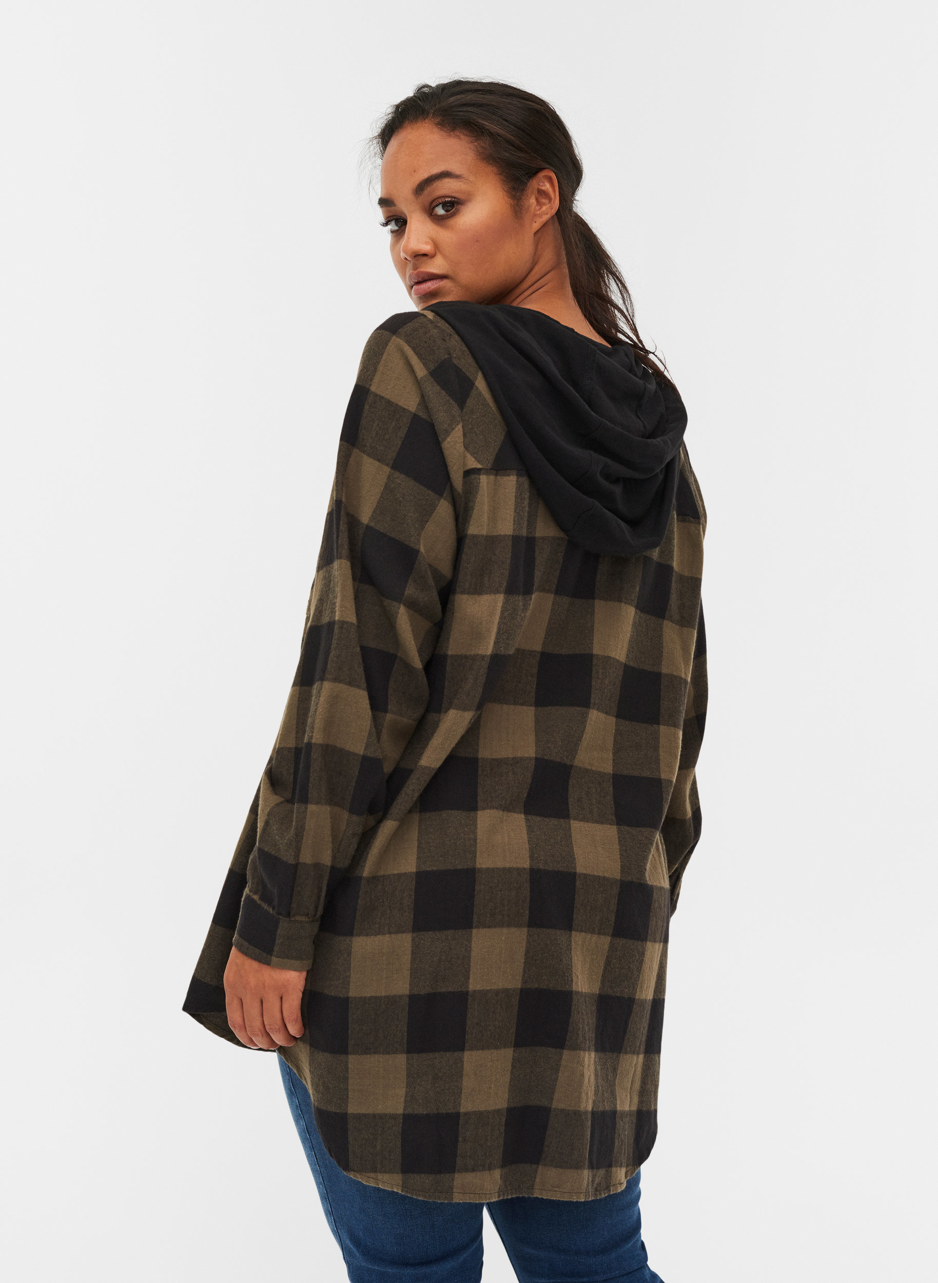 green and black check coat