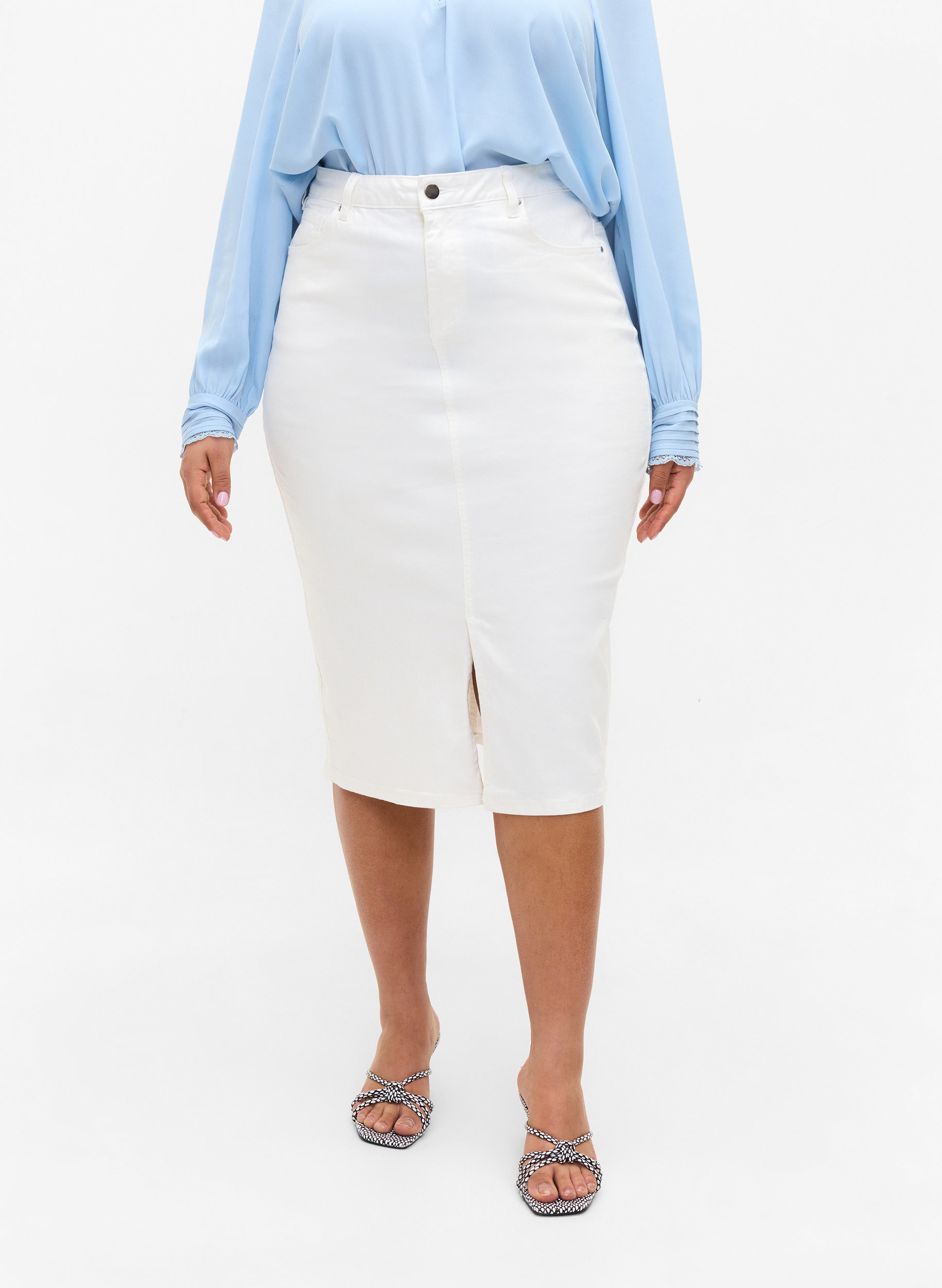 stretchy denim midi skirt